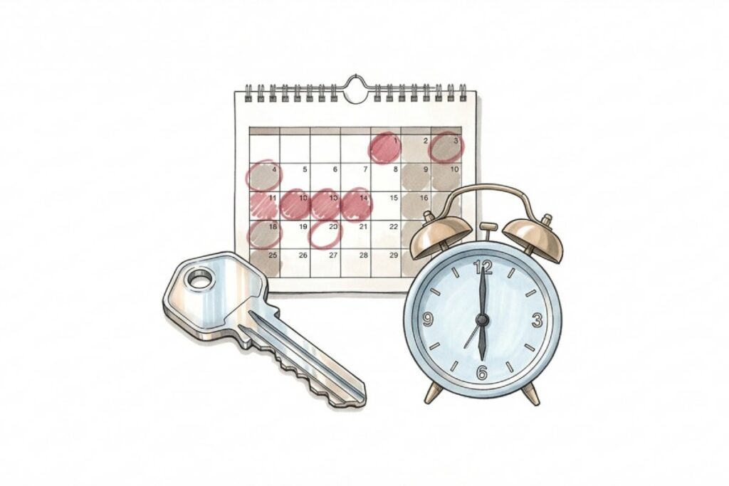 鍵と卓上カレンダーと目覚まし時計。カレンダーに複数の丸印が付き、時計が12時付近を指している。