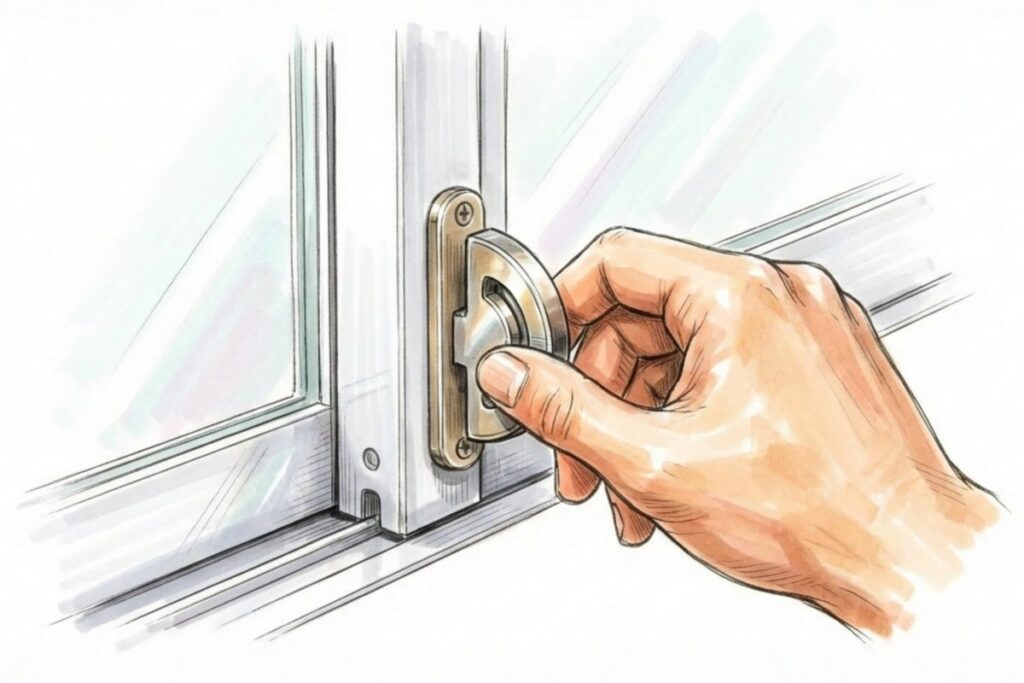 窓のクレセント錠と施錠する手。留守番中の猫の脱走防止のため窓と網戸をロックする。