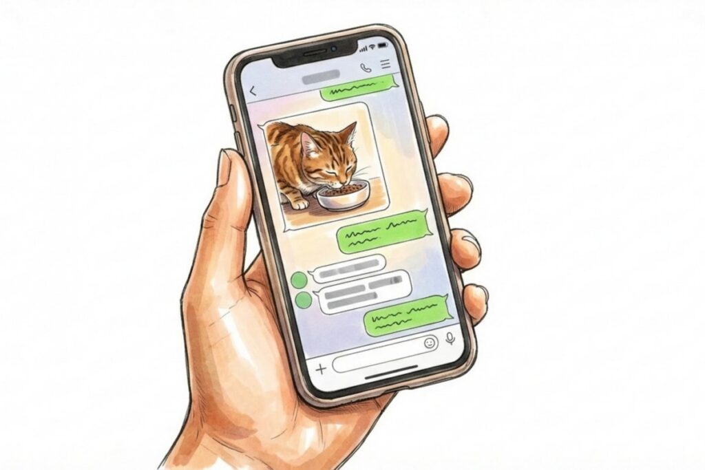 スマートフォンのメッセージアプリ画面と猫の食事写真。ペットシッターの訪問後に写真付き報告を受け取る。