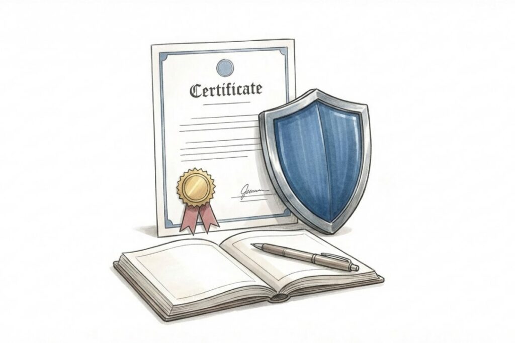 認定証の用紙と盾形のエンブレムとノートとペン。机上に書類と文具が並べられている。