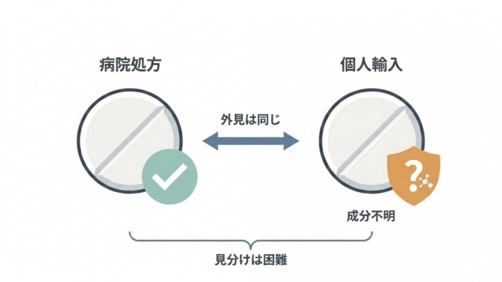 病院処方薬と個人輸入薬の外見比較と、成分不明・偽造品による健康被害リスクを示す図解