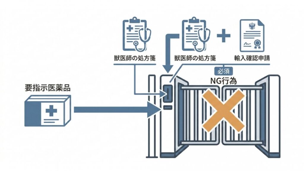 要指示医薬品の輸入に必要な獣医師の処方箋と輸入確認申請、販売譲渡の禁止行為を示す図解