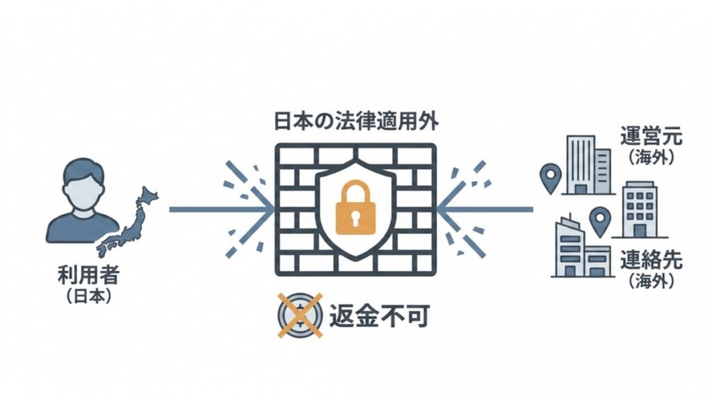 日本の利用者と海外運営元の間にある法的適用外、海外連絡先、返金不可の関係を示す図解