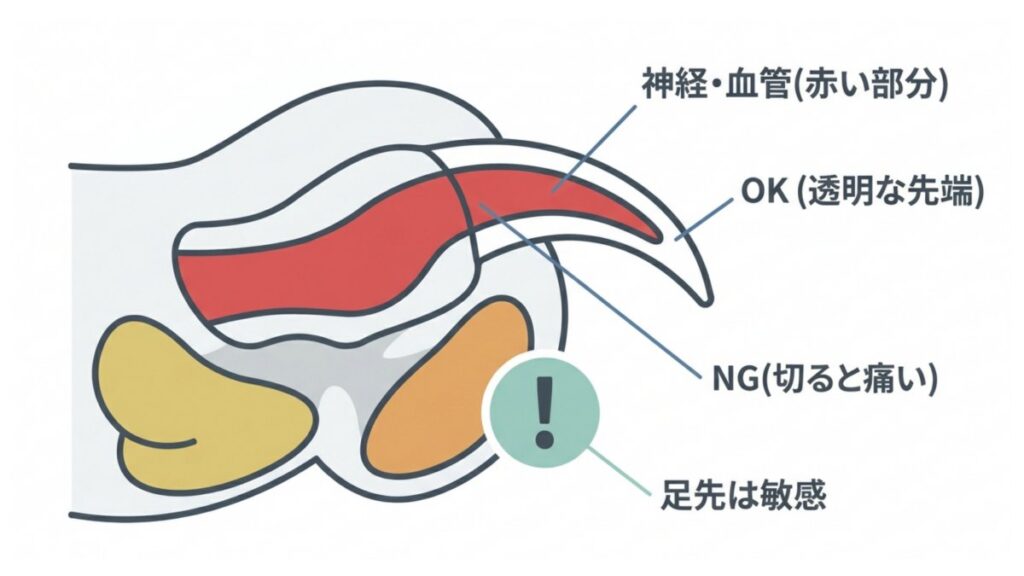 猫の爪のクイックと透明な先端、切ってよい範囲を示す解説図