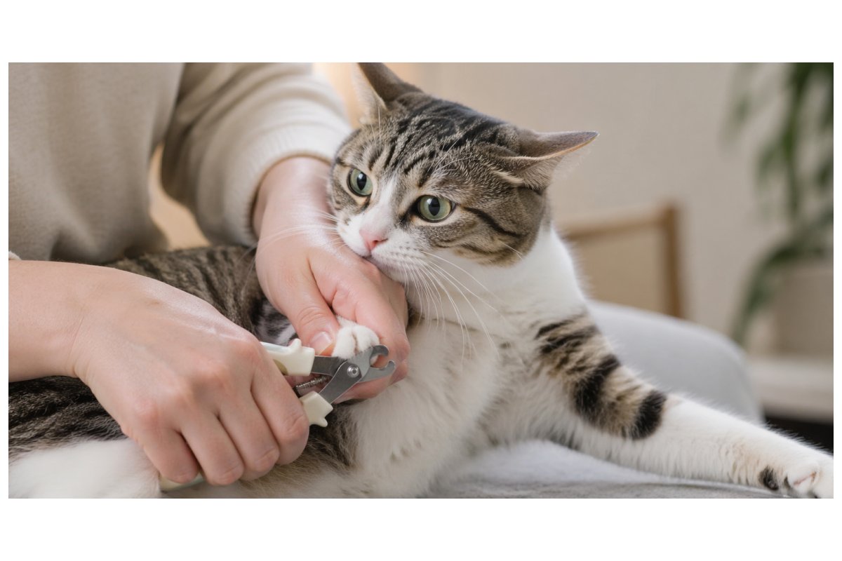 爪切りで暴れる猫の前足をやさしく整える様子