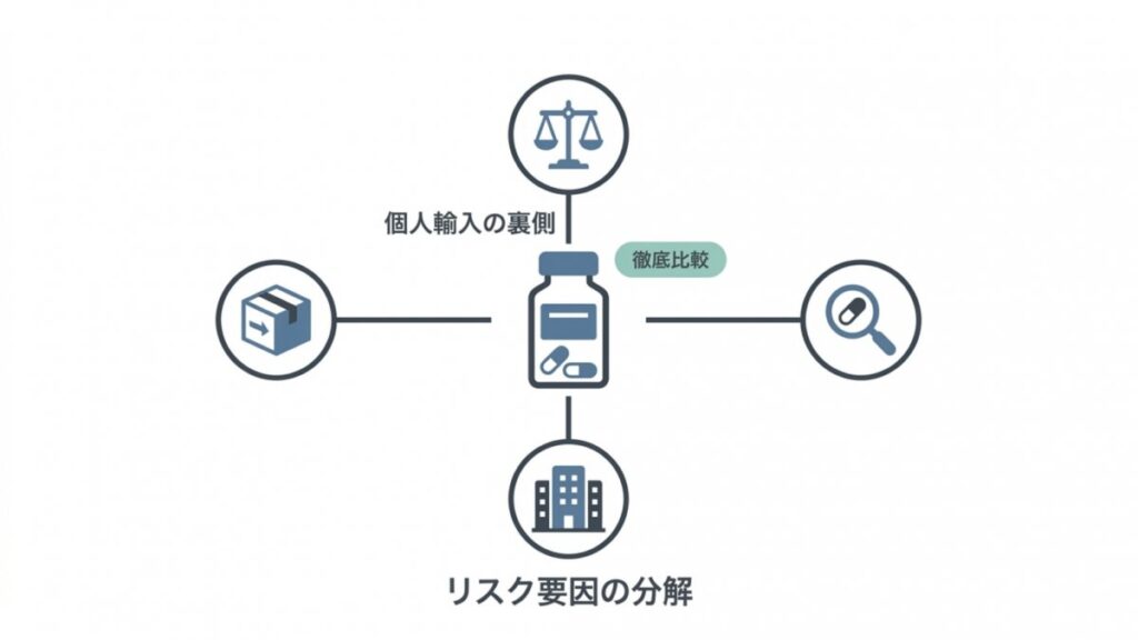 ペット用医薬品を中心に、個人輸入の裏側と配送・真贋・運営体制のリスク要因を示す図解