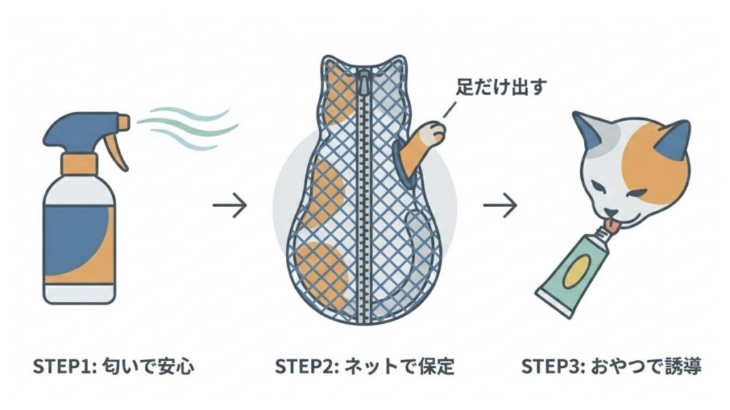 匂いで安心し、洗濯ネットで保定しておやつで誘導する3段階の図