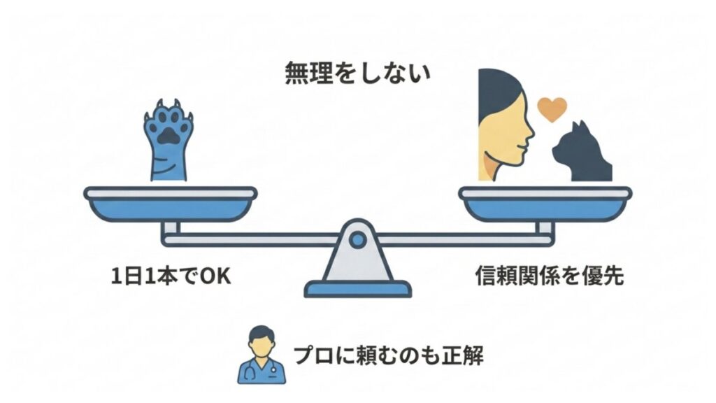 1日1本、無理をしない、信頼関係優先、プロ依頼を示すまとめ図