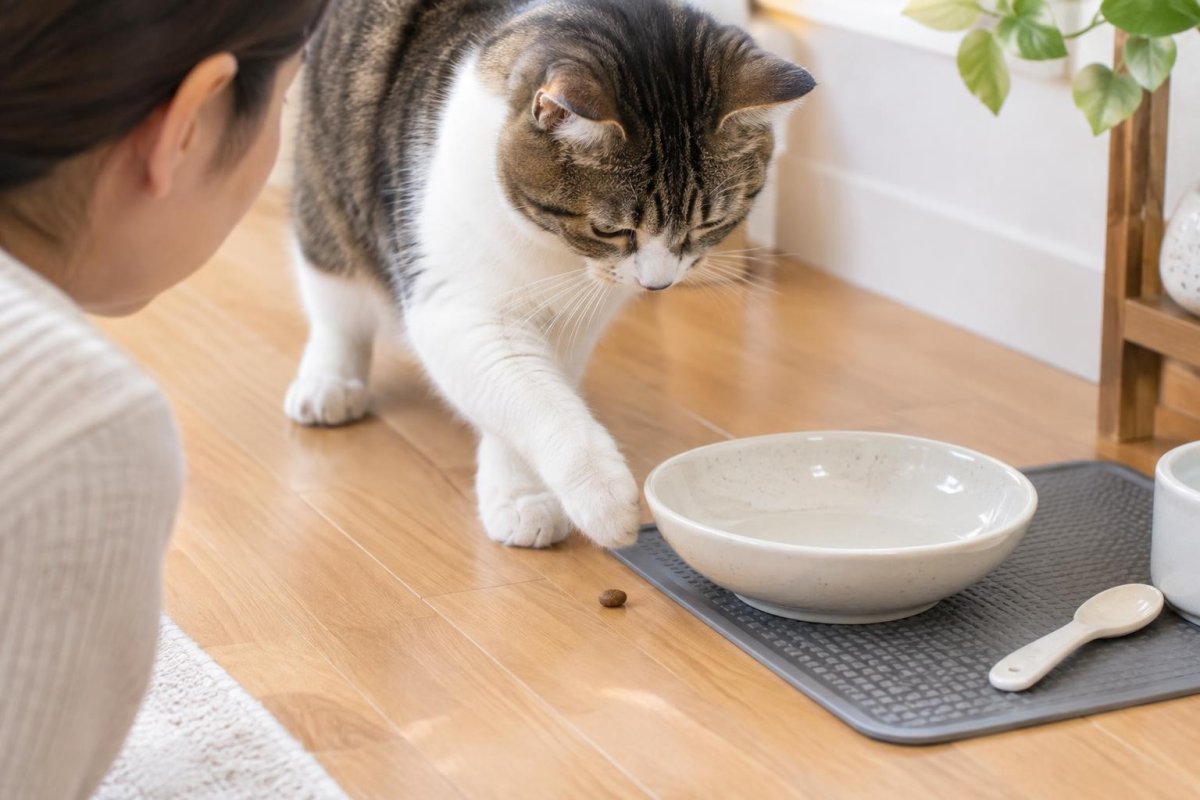 猫の食べ物の食べ方はなぜ独特？砂かけ・落とす・隠す行動を解説